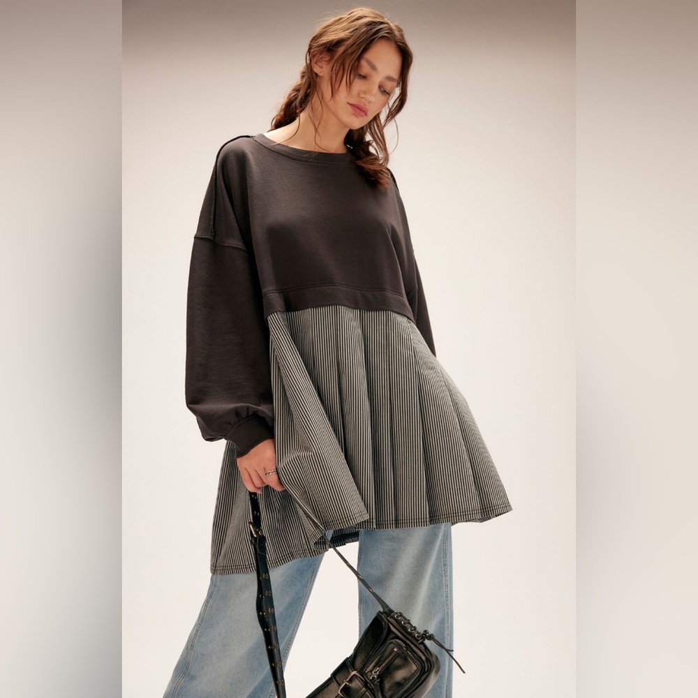 Free People Elenor Striped Sweatshirt in Washed Black Combo size Small - Picture 3 of 14